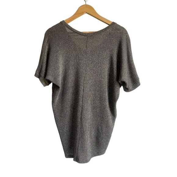Alya Size Medium Gray Gold Shimmer Metallic Cotton Blend V-Neck Short Sleeve Kni - Picture 2 of 7
